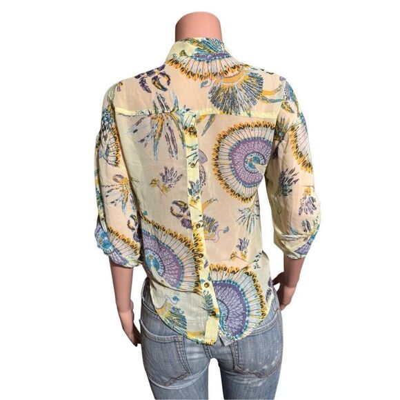 Pulp multi color button down tie front abstract 3/4 sleeve mandarin collar top M - Picture 3 of 6